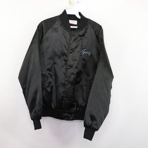 Vtg 80s Womens Medium Flag Fire Satin Jacket Black